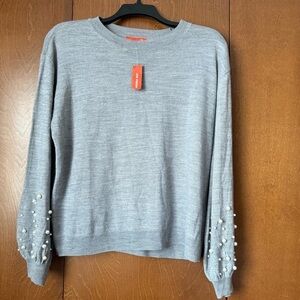 Joe Fresh NWT Lg, Pearl Embellished Sleeves Pullover. Gray Lightweight Ret $45